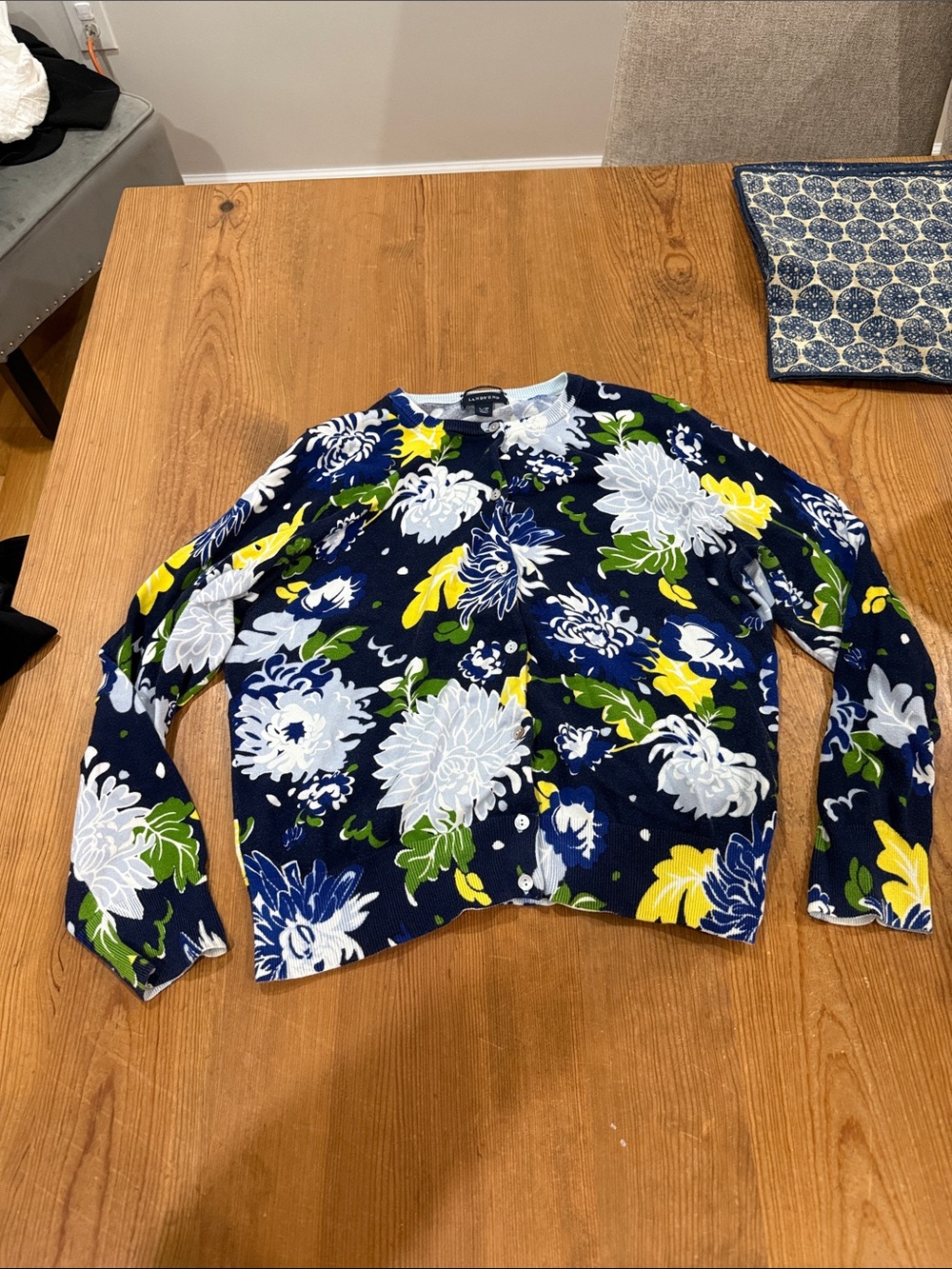 Lands' End Navy Floral Cardigan with White, Yellow & Green Blooms